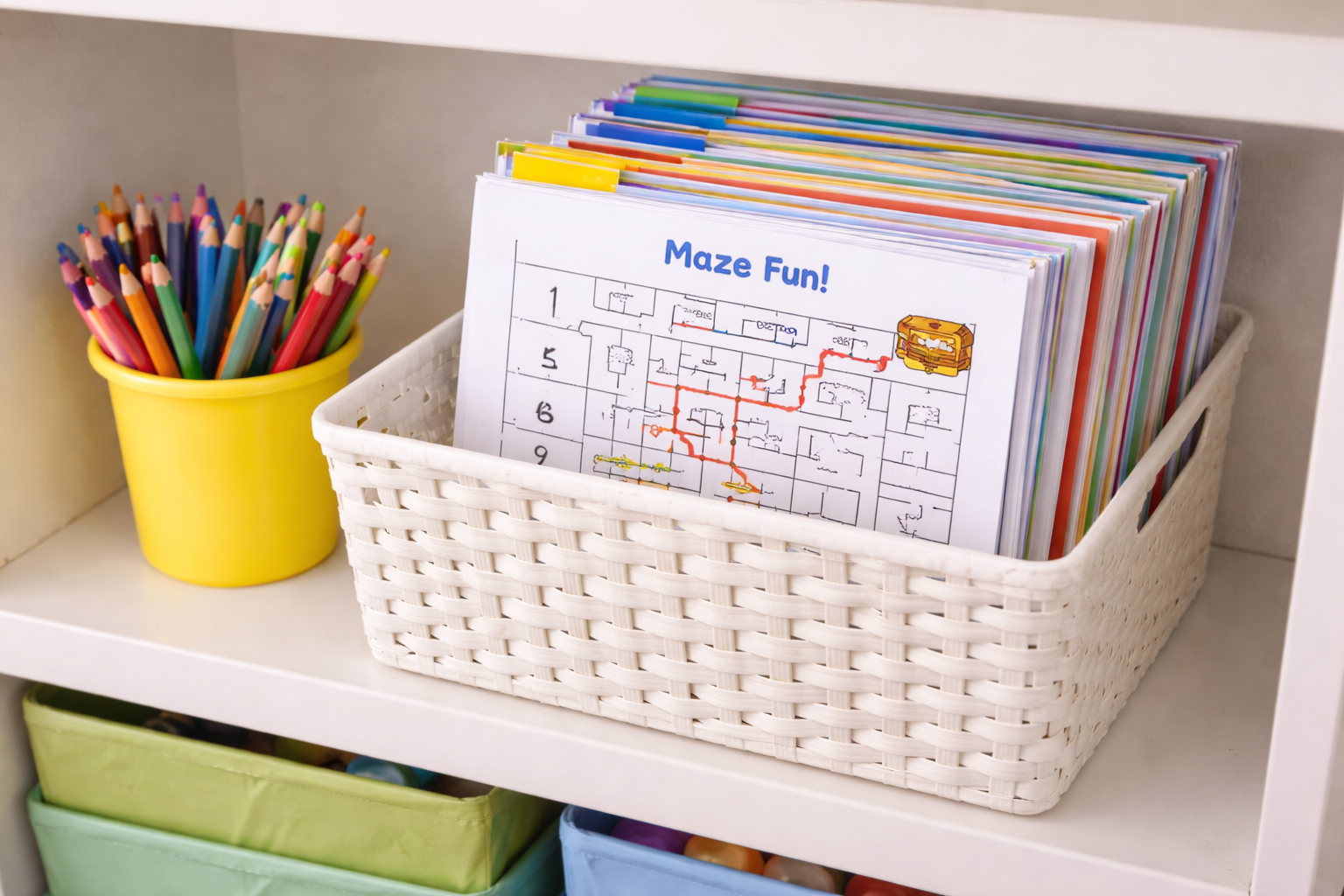 Organized basket filled with printed worksheets and activities next to container of crayons and pencils on clean shelf, ready to grab