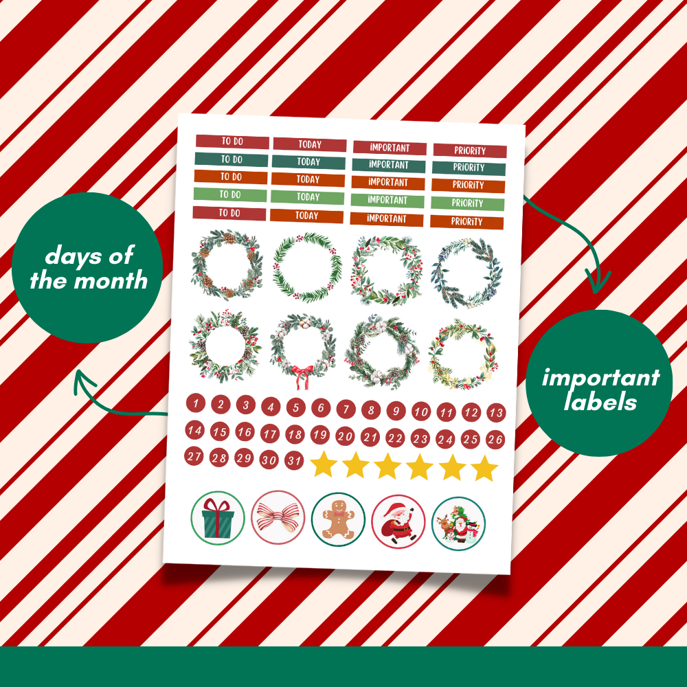 Red Christmas Planner Stickers Printable PDF