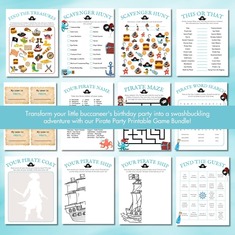 Aqua Pirate Birthday Party Game Bundle