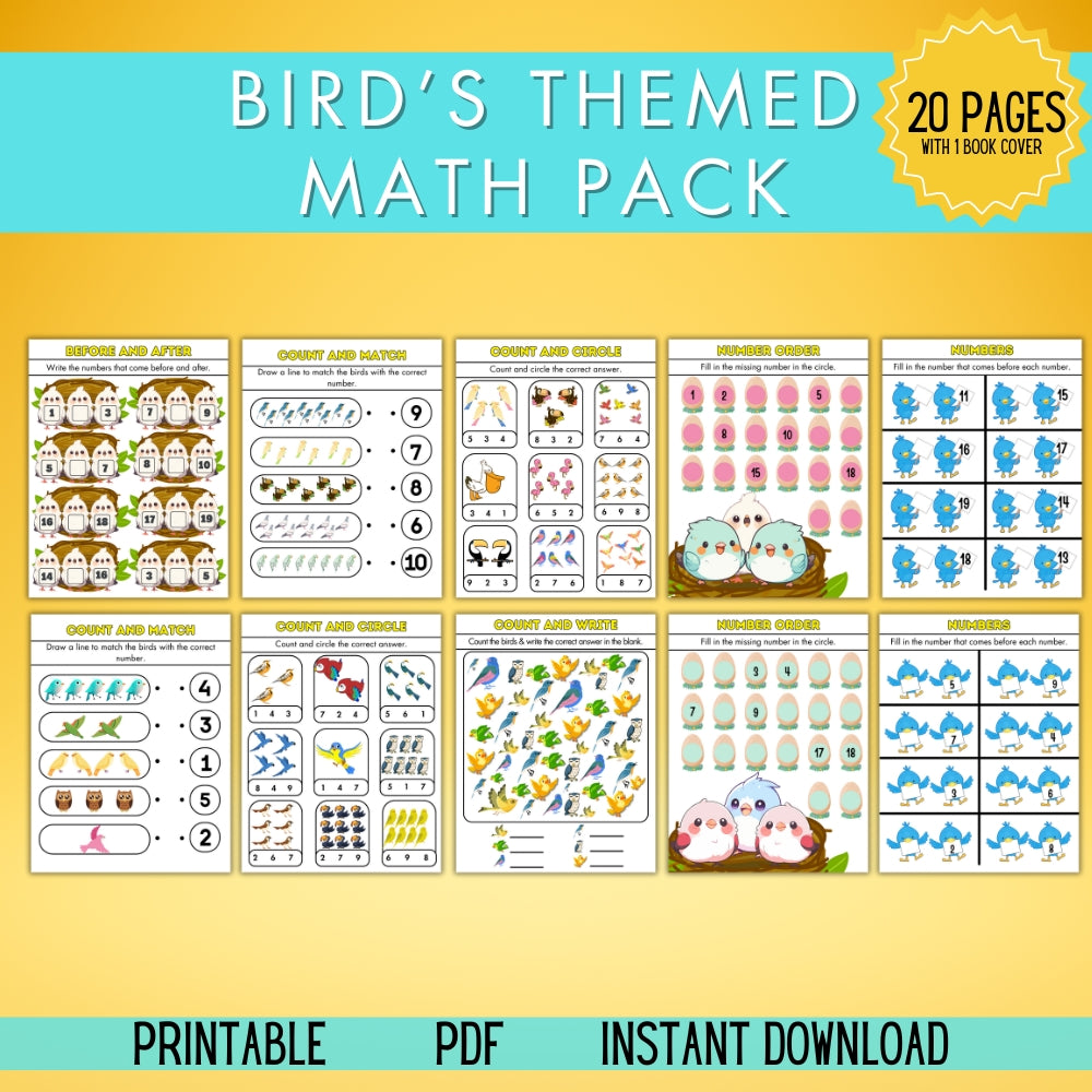 Birds Themed Math Pack – 20 Fun Printable Worksheets