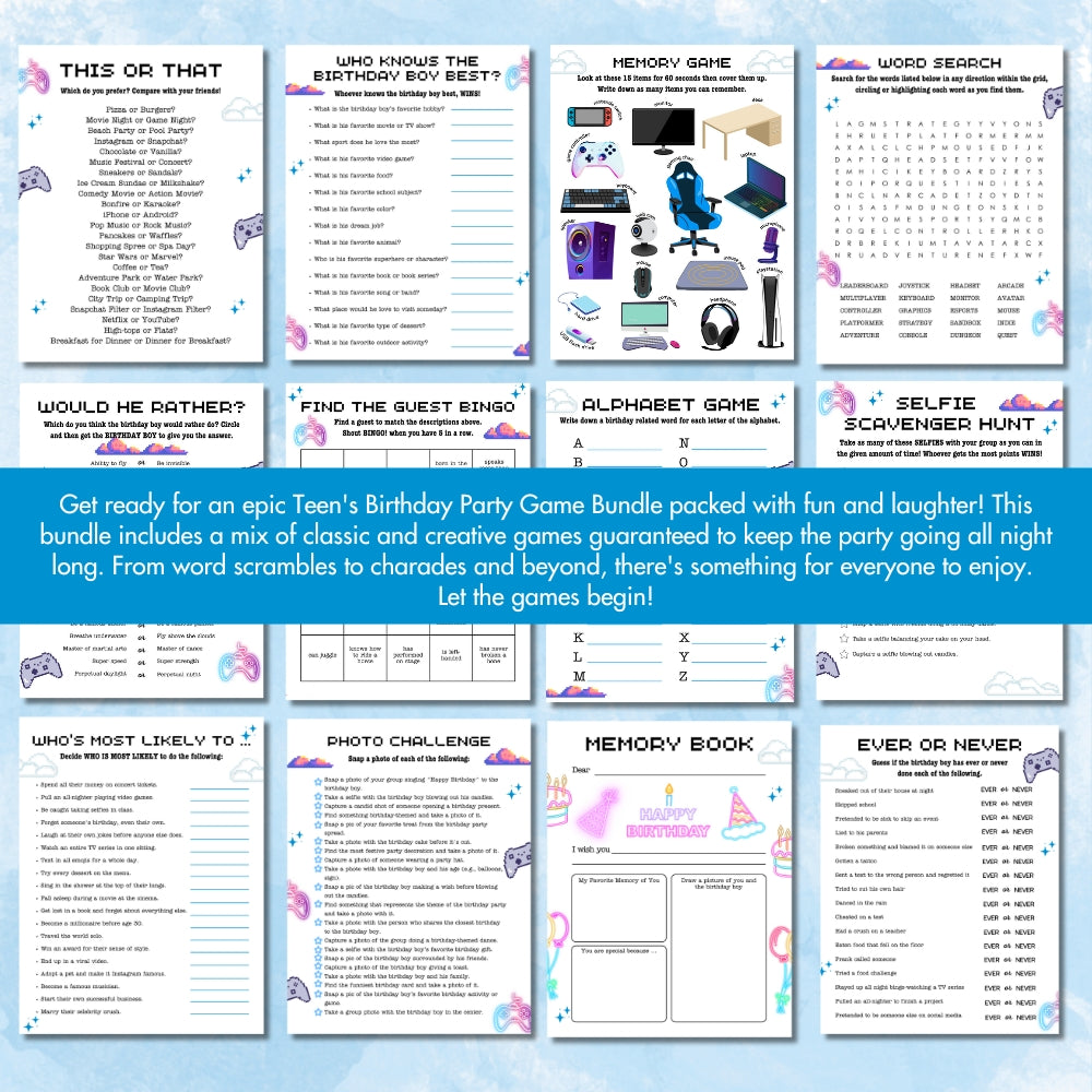 Blue Teen Birthday Party Game Bundle – Gamer Theme