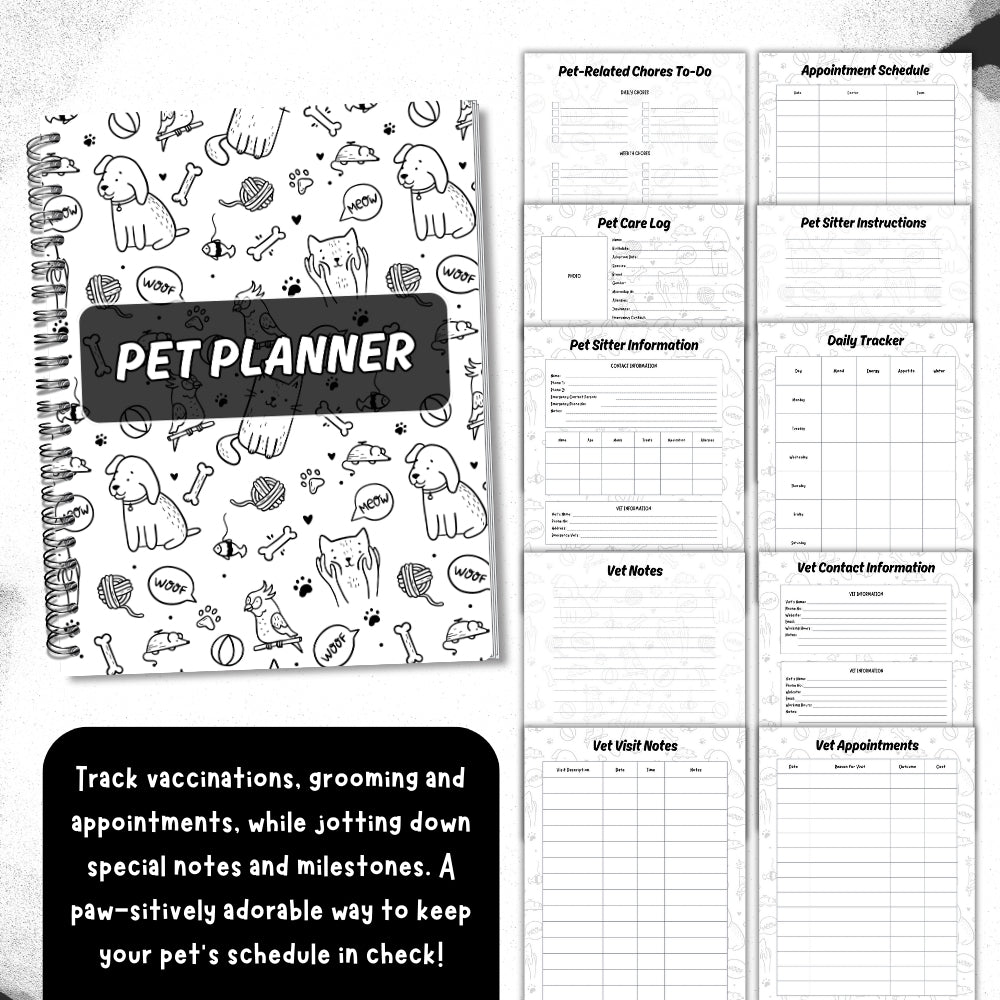 PLR Black & White Pet Planner | Editable Pet Care Organizer Templates