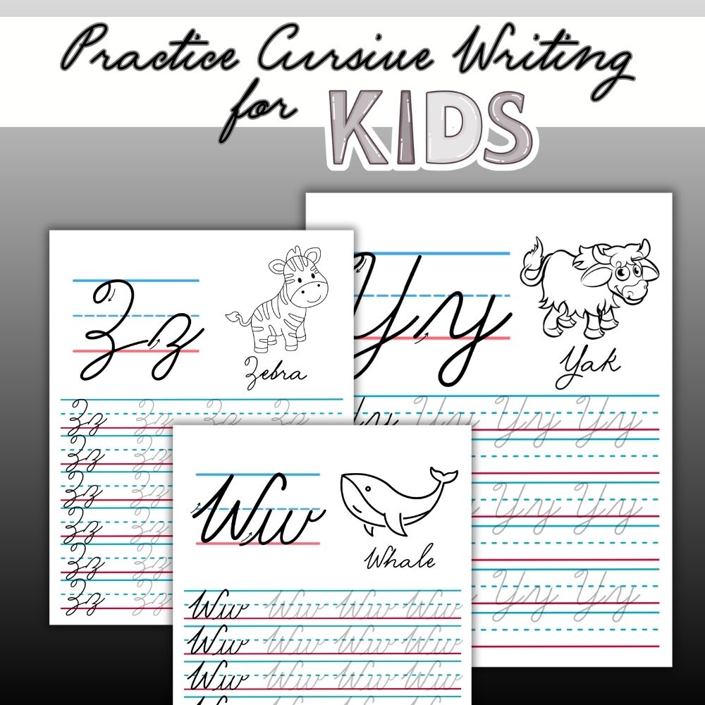 Cursive Writing Practice Worksheets for Kids – B&W