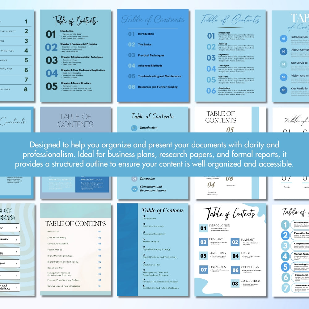 Blue Table of Content Pages Canva Templates