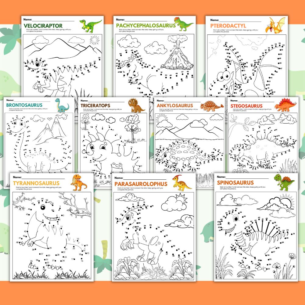 Printable Dinosaur Dot to Dot Puzzles – 11 Pages