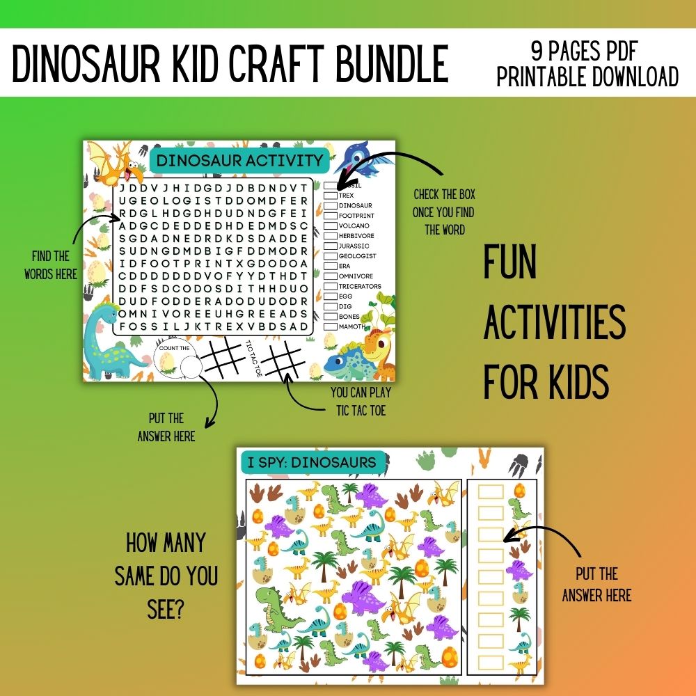 Dinosaur Kid Craft Bundle – 9 Fun Printable Activities