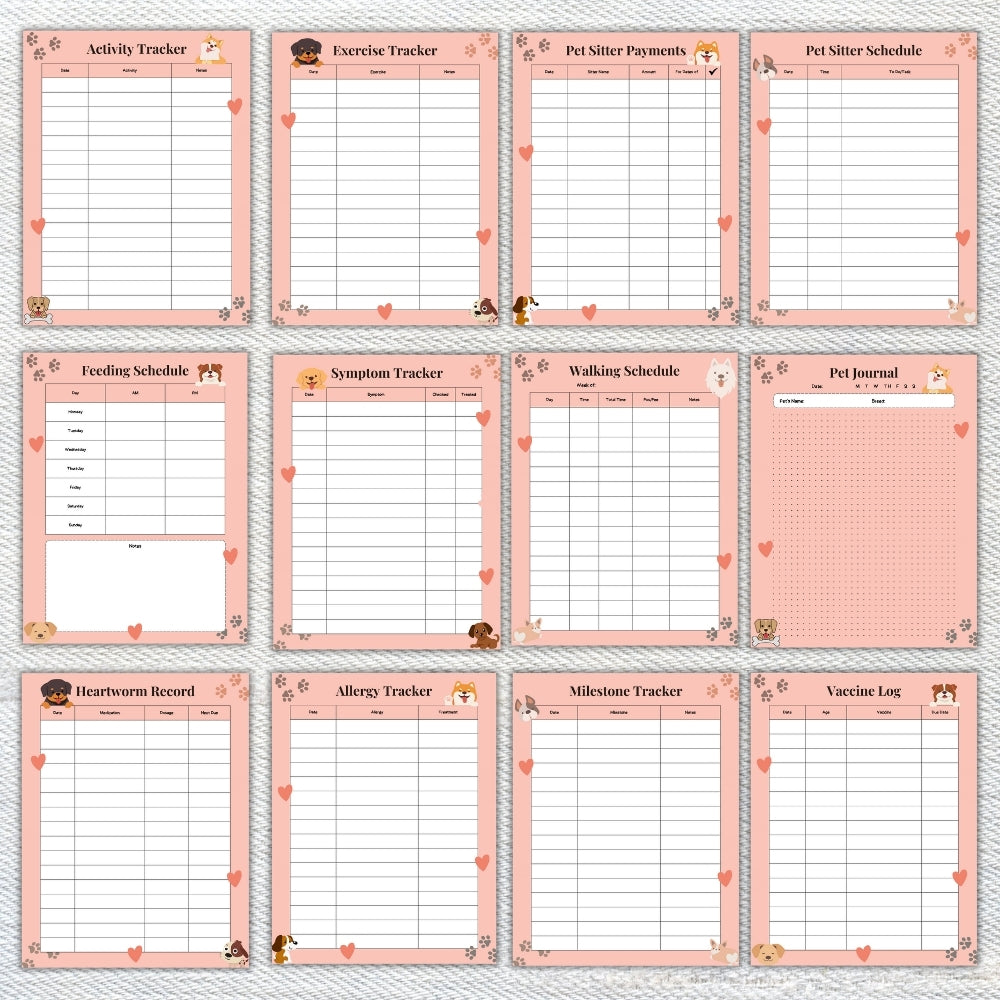 PLR Pink Dog Care Planner | Editable Pet Care Organizer Templates
