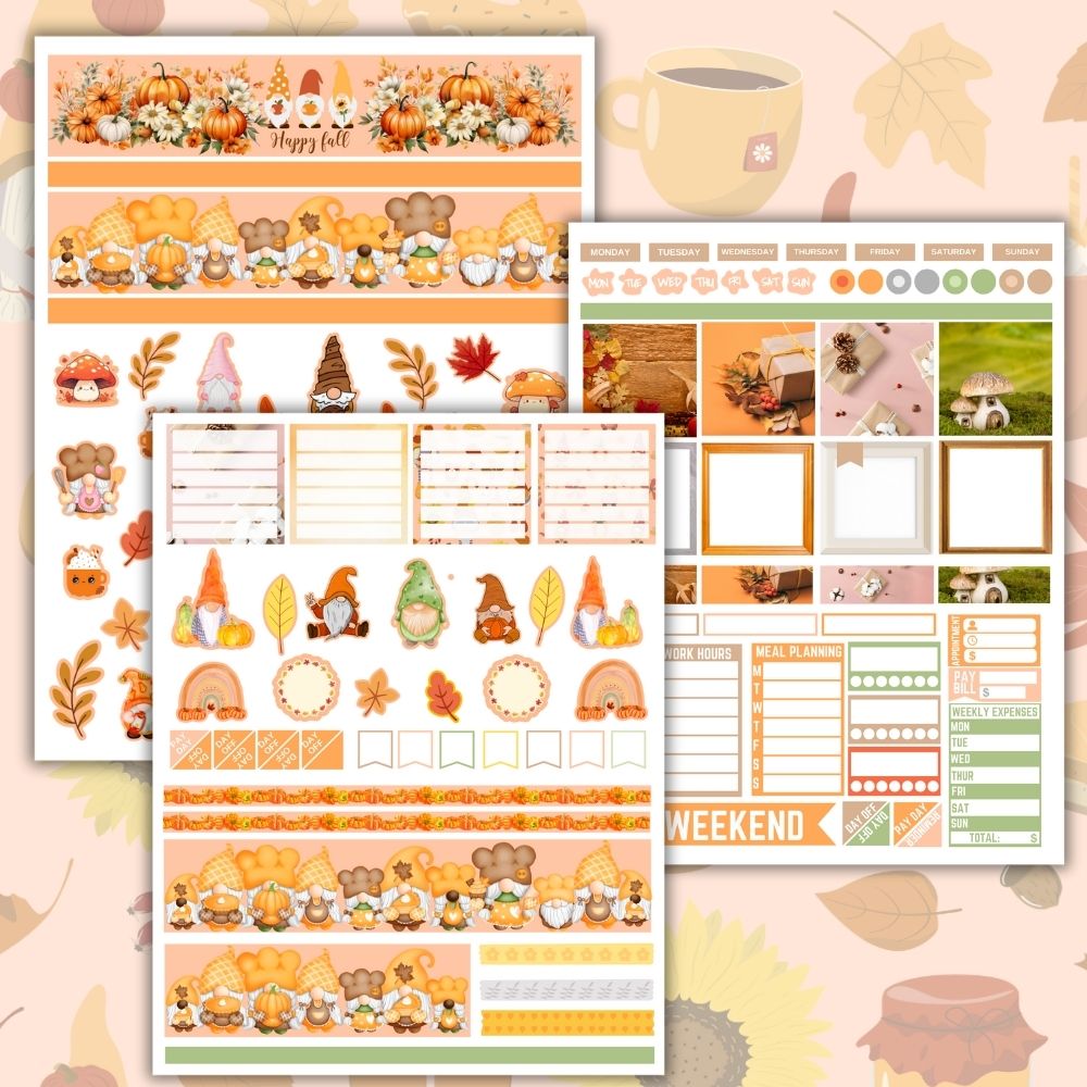 Fall Gnome Planner Stickers – 5 Printable Pages PDF