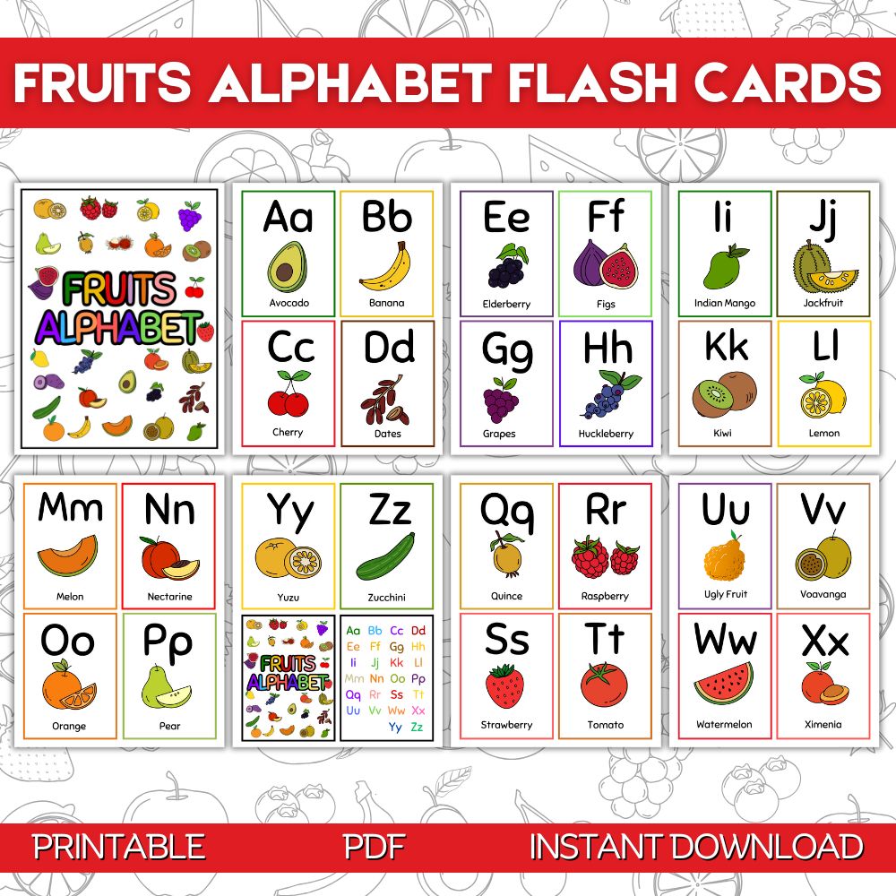 Fruits Alphabet Flash Cards – Printable ABC Learning Set