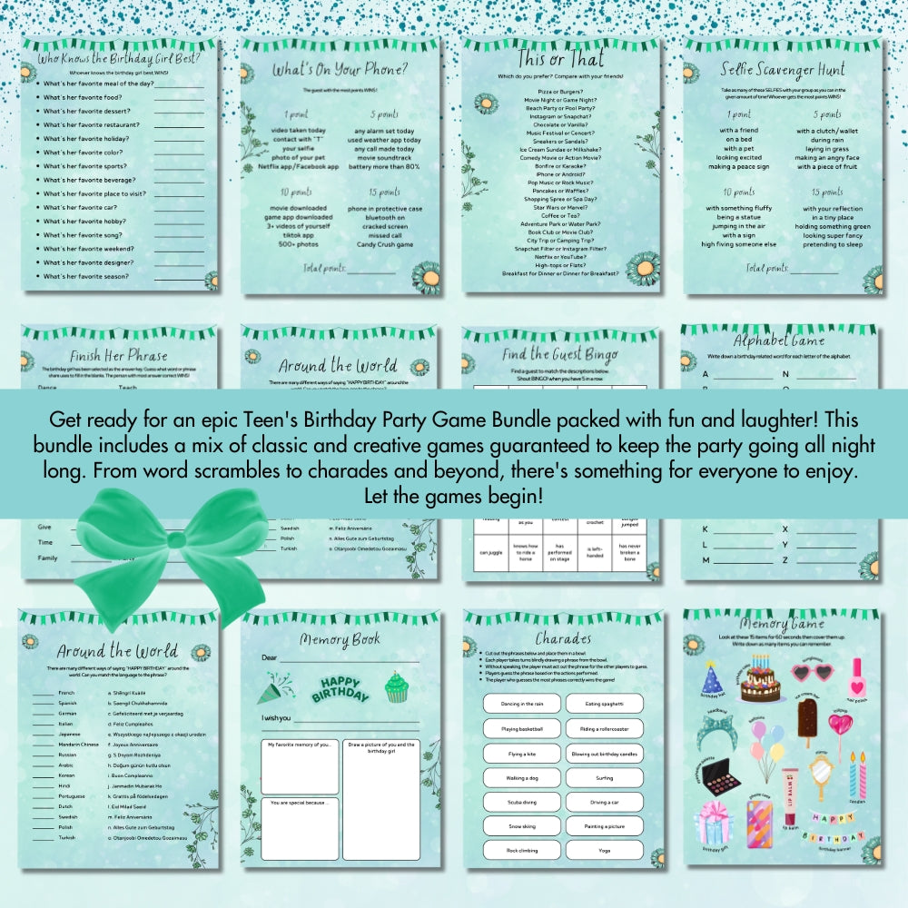 Green Teen Birthday Party Game Bundle – Classic Party Edition | 23 Pages Printable Games