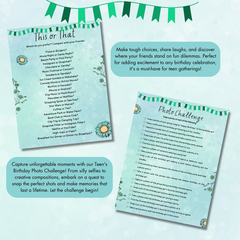 Green Teen Birthday Party Game Bundle – Classic Party Edition | 23 Pages Printable Games