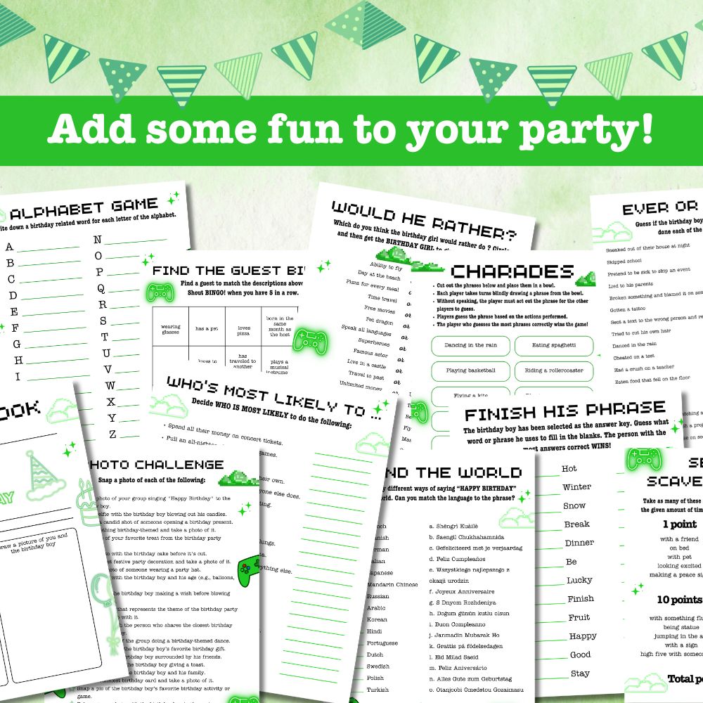 Teen Birthday Party Game Bundle – 23 Green Gamer Theme Printables