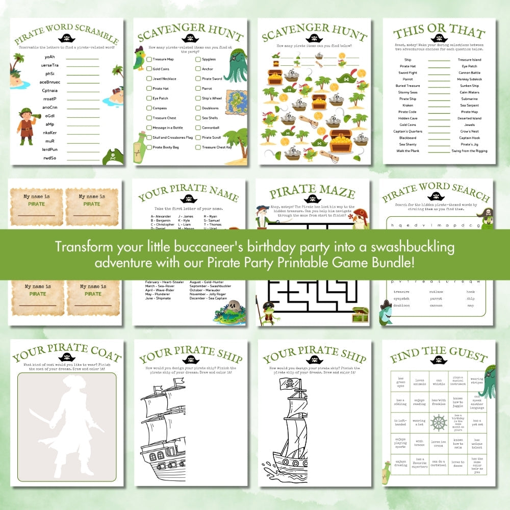 Green Pirate Birthday Party Game Bundle