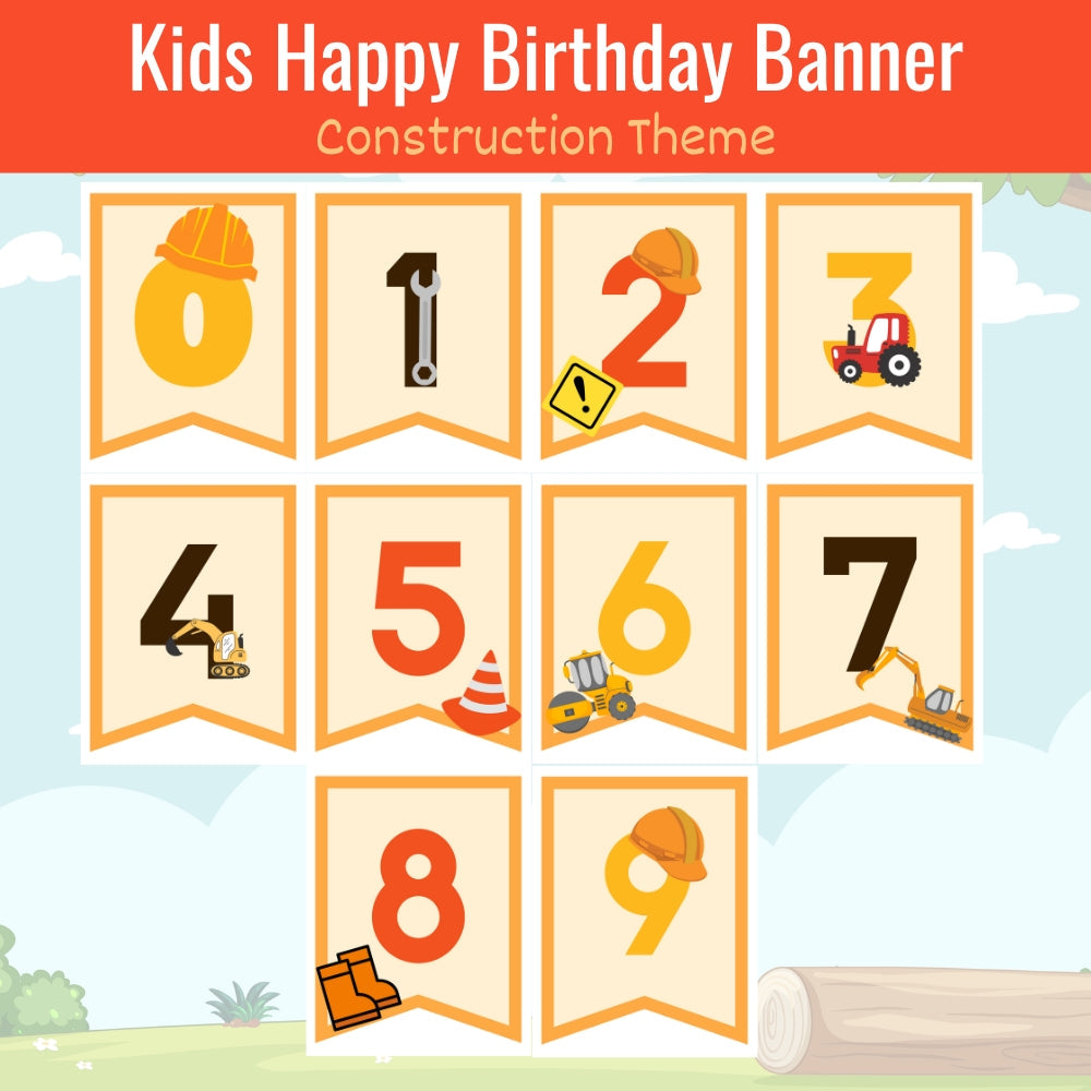 Kids Construction Theme Birthday Banner