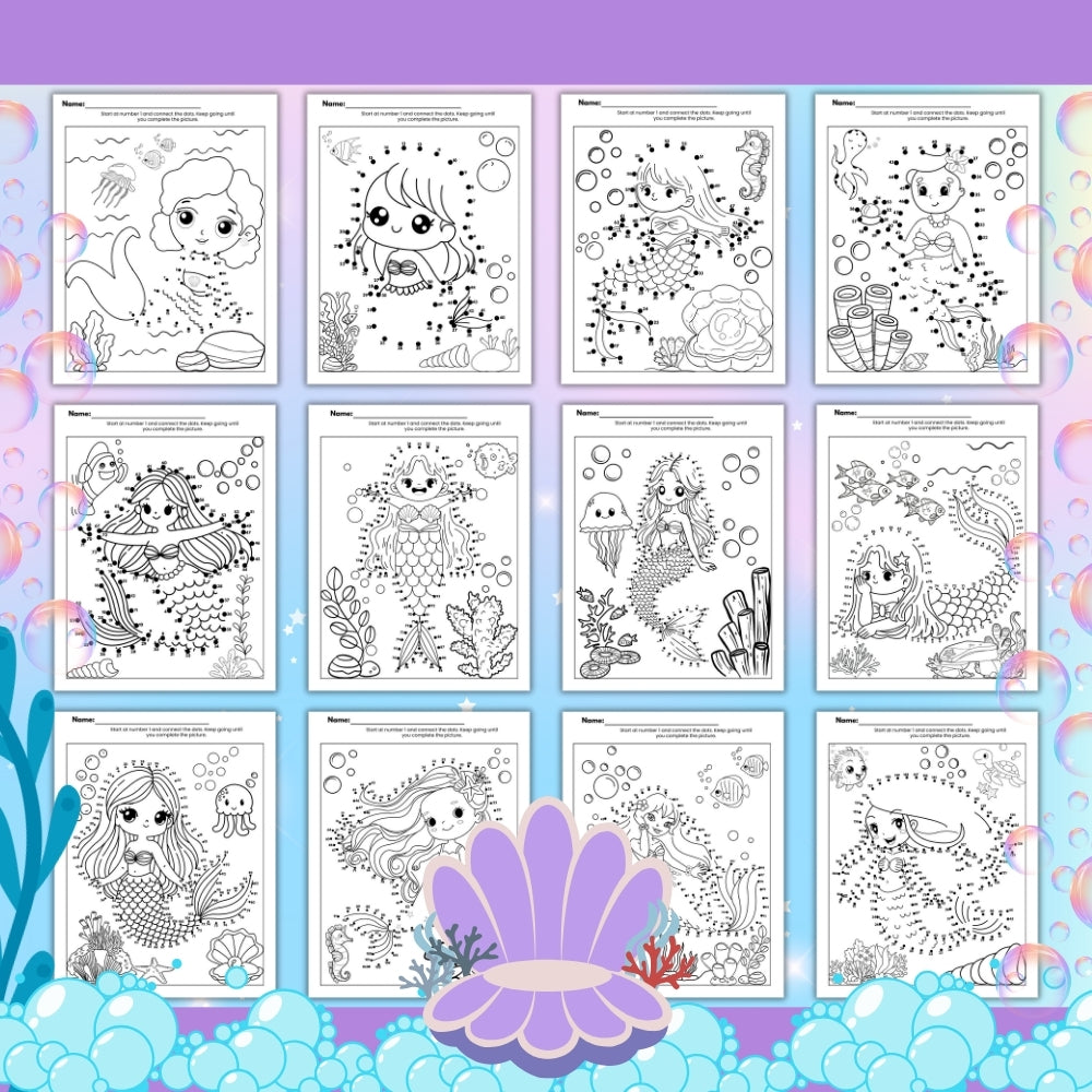 Mermaid Dot to Dot Printable Coloring Pages for Kids