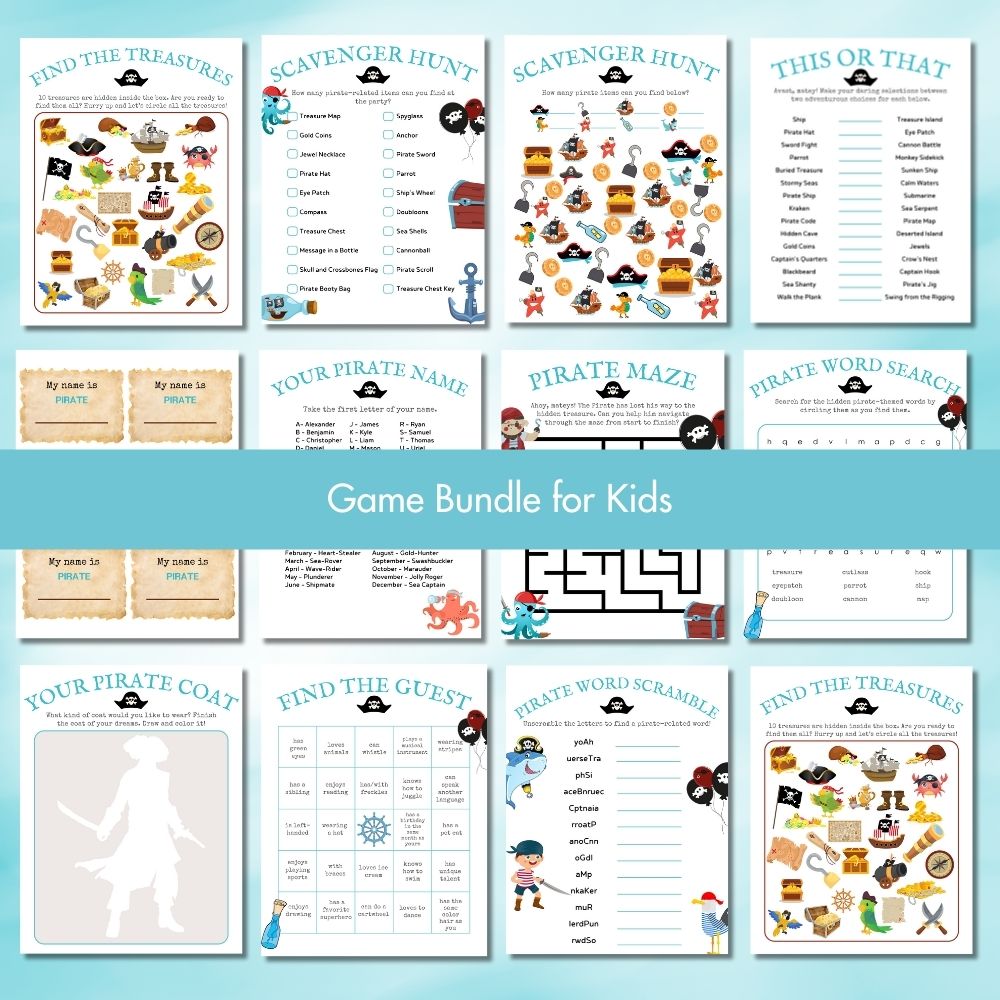 Aqua Pirate Birthday Party Game Bundle