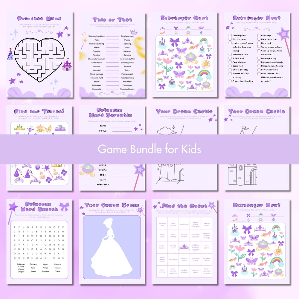Purple Princess Birthday Party Game Bundle