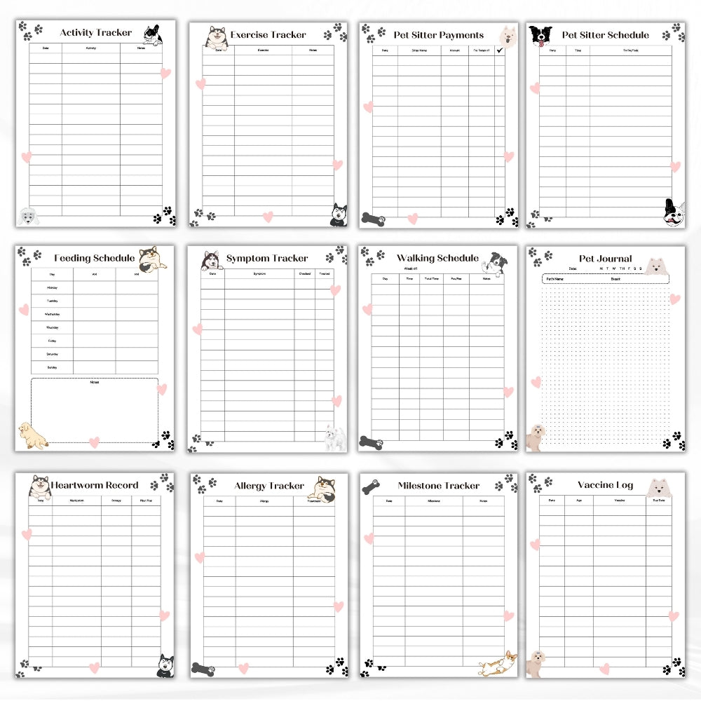 PLR Dog Care Planner | Black & White Editable Pet Organizer