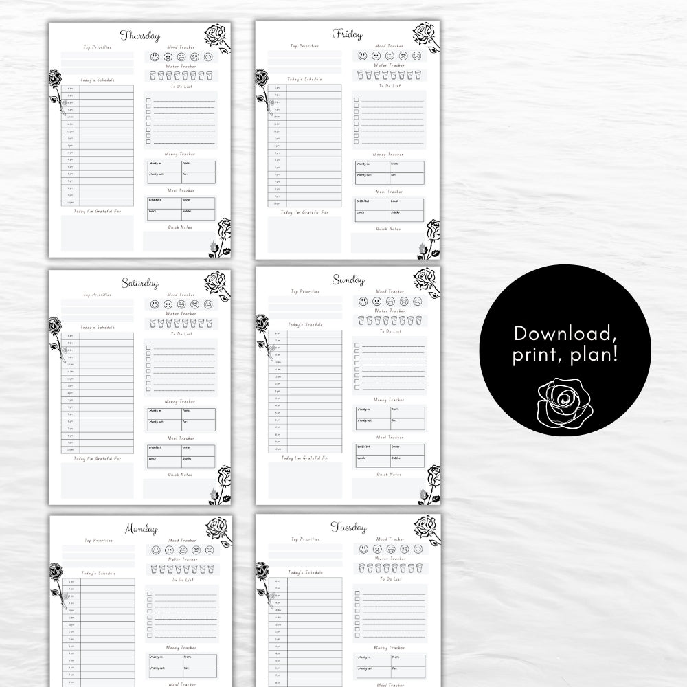 PLR Black & White 7 Day Planner Pack | Editable Weekly Templates