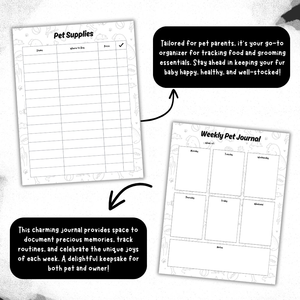 PLR Black & White Pet Planner | Editable Pet Care Organizer Templates