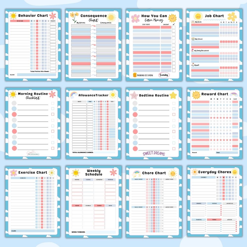 Blue Kids Chore Chart Bundle – 28 Printables