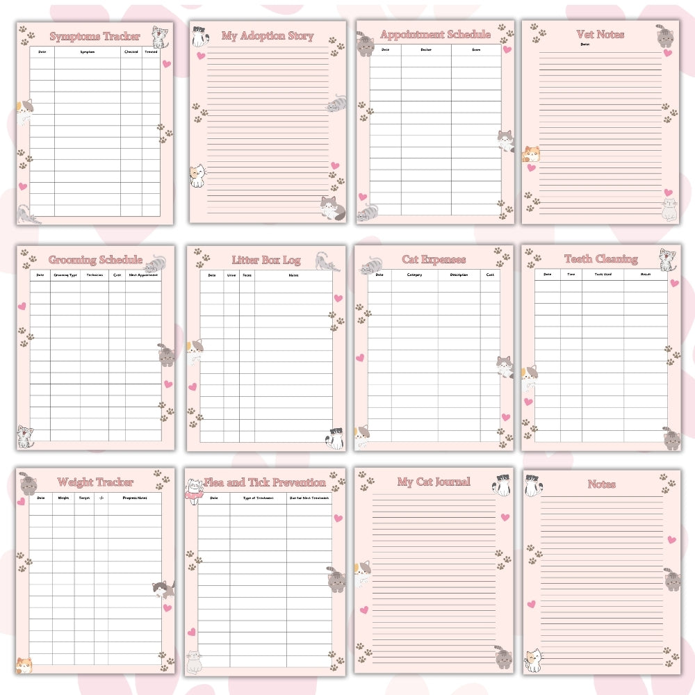 PLR Pink Cat Care Planner | Editable Pet Care Organizer Templates