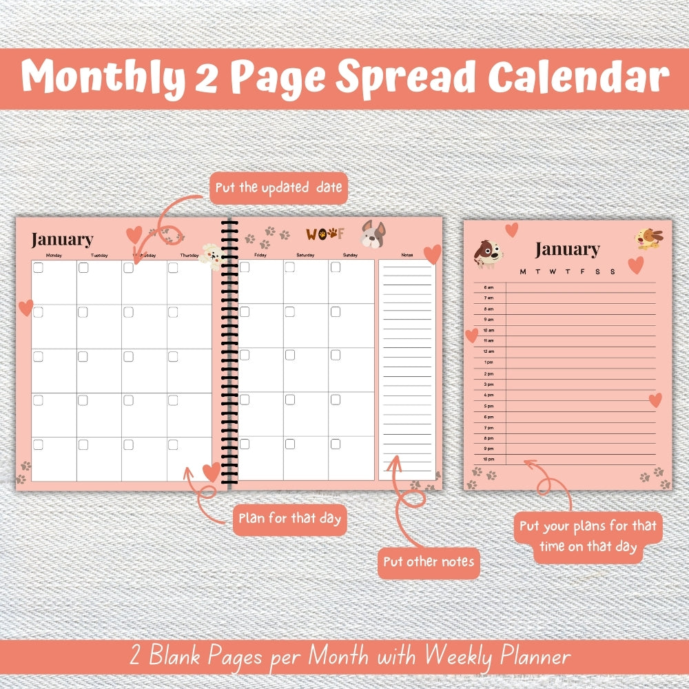 PLR Pink Dog Care Planner | Editable Pet Care Organizer Templates