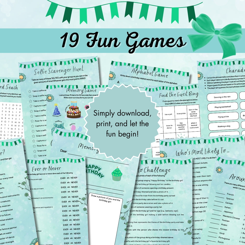 Green Teen Birthday Party Game Bundle – Classic Party Edition | 23 Pages Printable Games