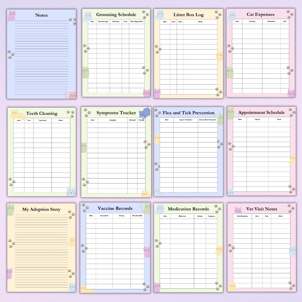 PLR Pastel Cat Care Planner | Editable Pet Care Organizer Templates