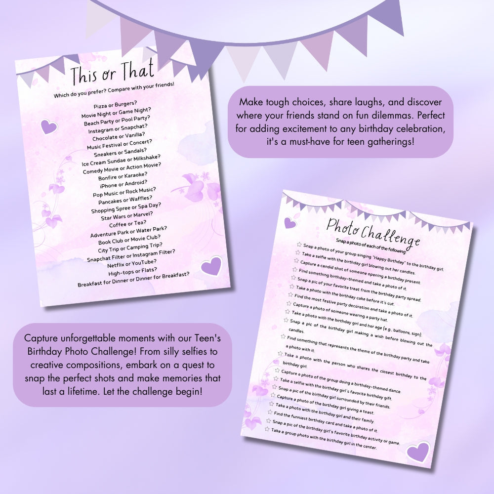 Purple Teen Birthday Party Game Bundle