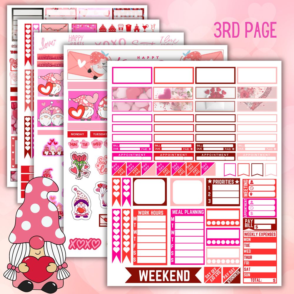 Valentine Gnome Planner Stickers – 5 Printable Pages