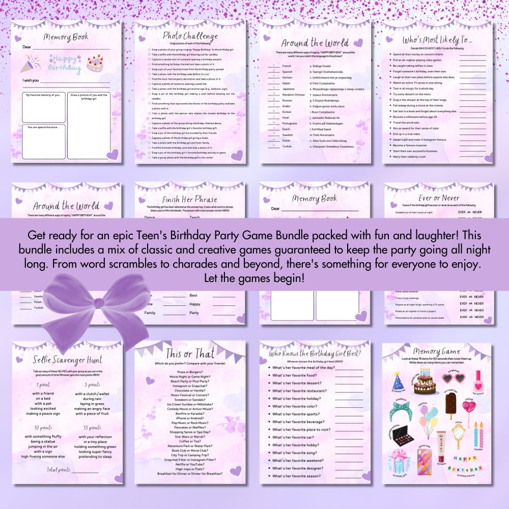 Purple Teen Birthday Party Game Bundle