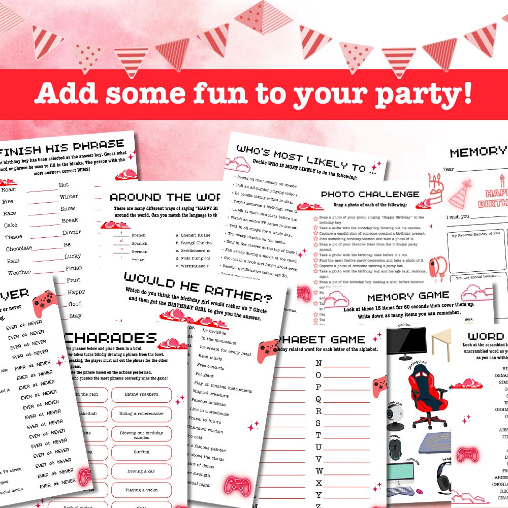 Teen Birthday Party Game Bundle – 23 Red Gamer Printables