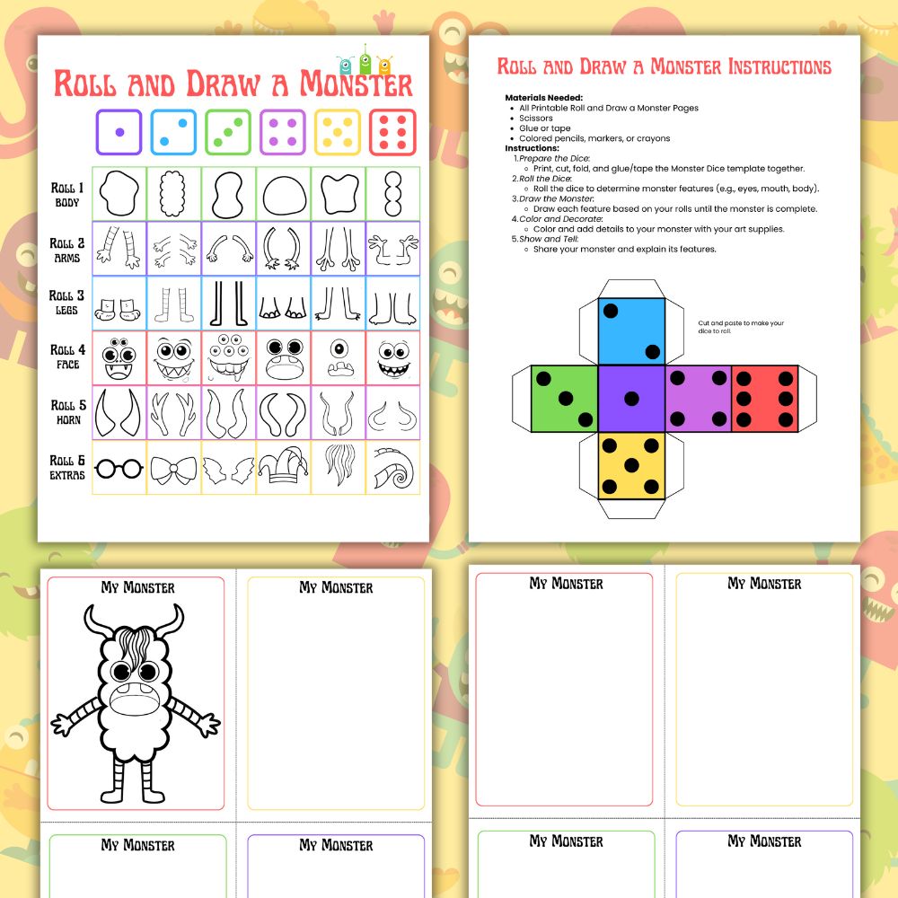 Roll and Draw a Monster – 4-Page Printable Activity