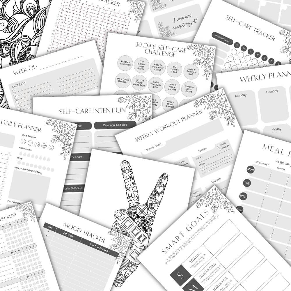 Black & White Self Care Workbook + Matching Planner