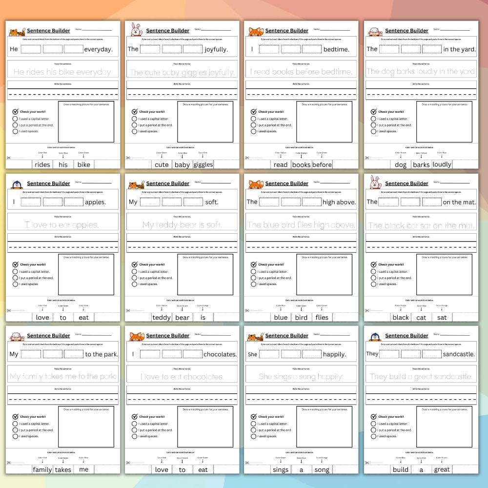Sentence Builder Worksheets for Kids – 20 Pages