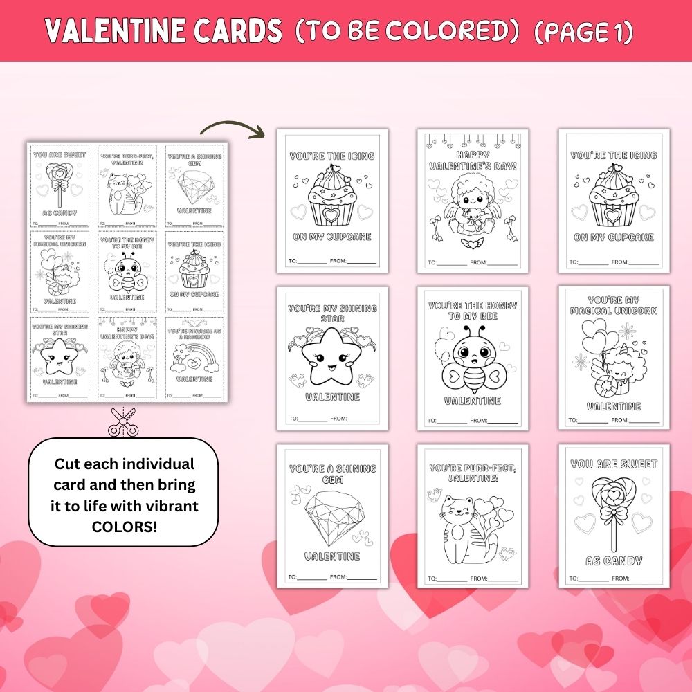 Valentine Cards to be Colored – 36 Printable Cards