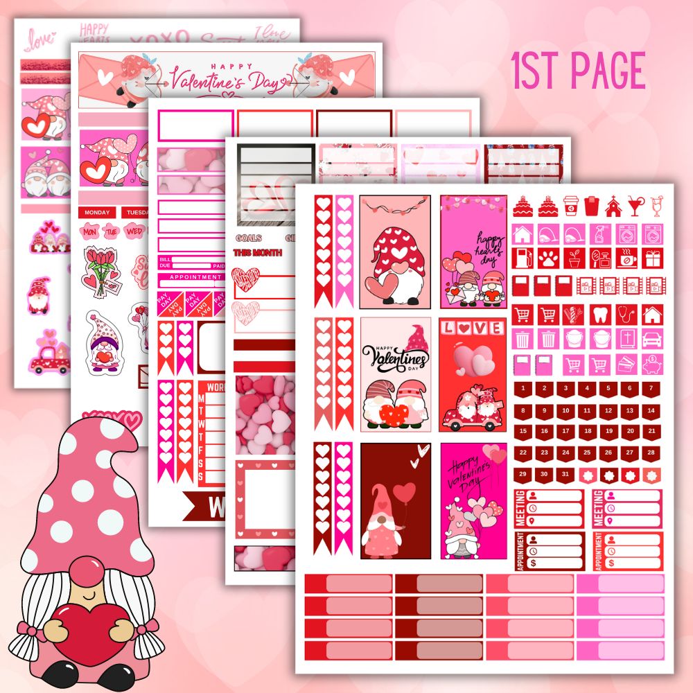 Valentine Gnome Planner Stickers – 5 Printable Pages