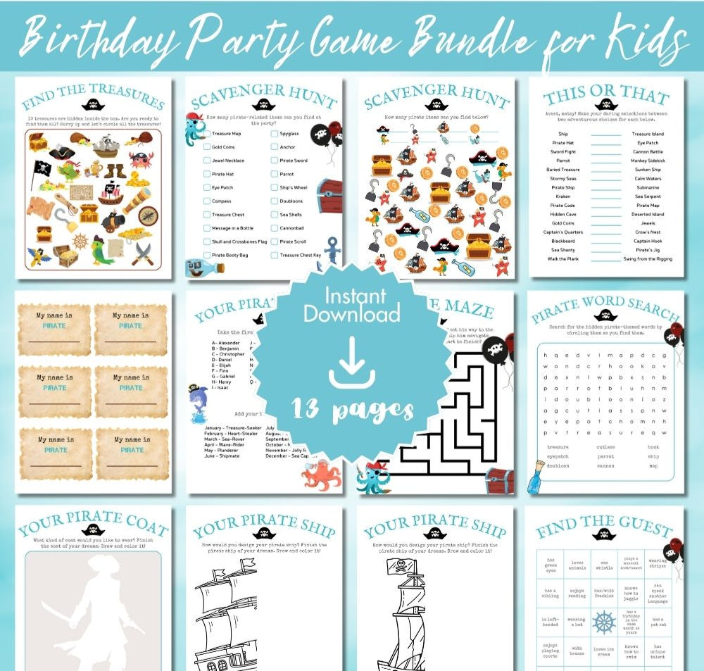 Aqua Pirate Birthday Party Game Bundle