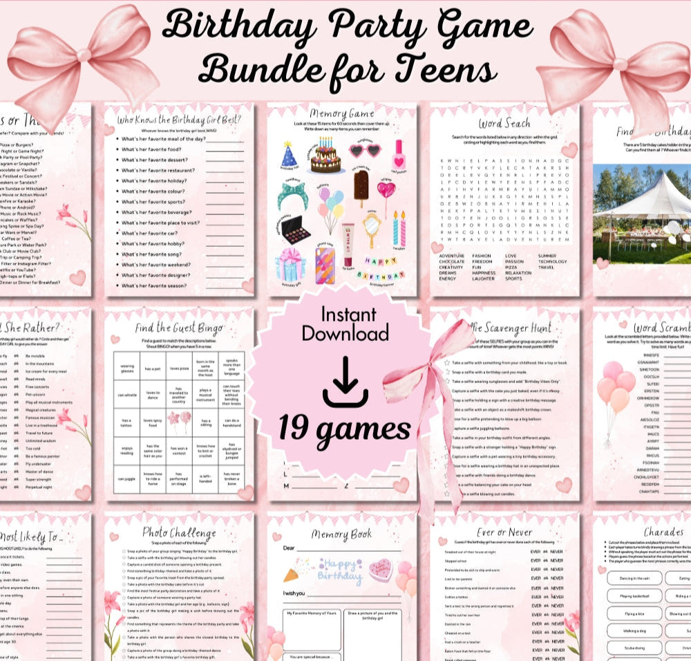 Teen Birthday Party Game Bundle – 19 Fun Printables