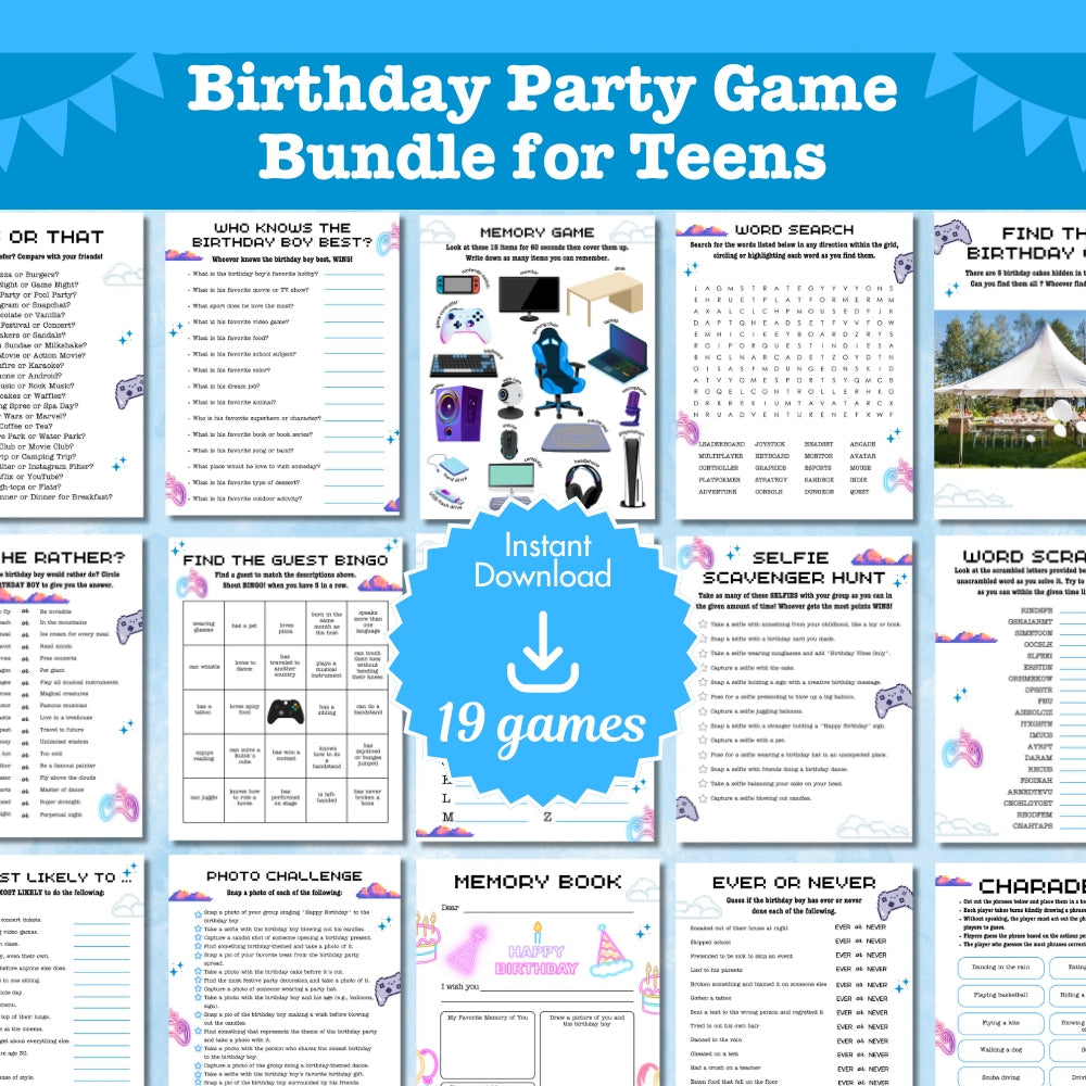 Blue Teen Birthday Party Game Bundle – Gamer Theme