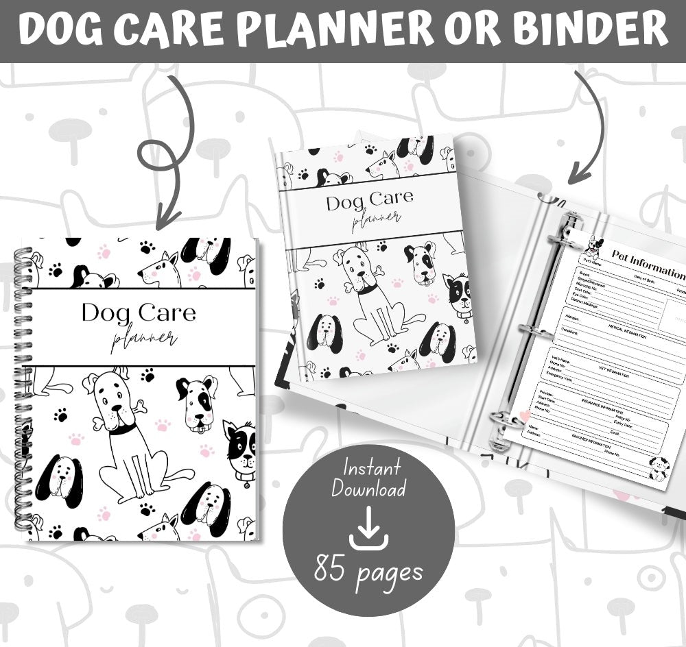 PLR Dog Care Planner | Black & White Editable Pet Organizer