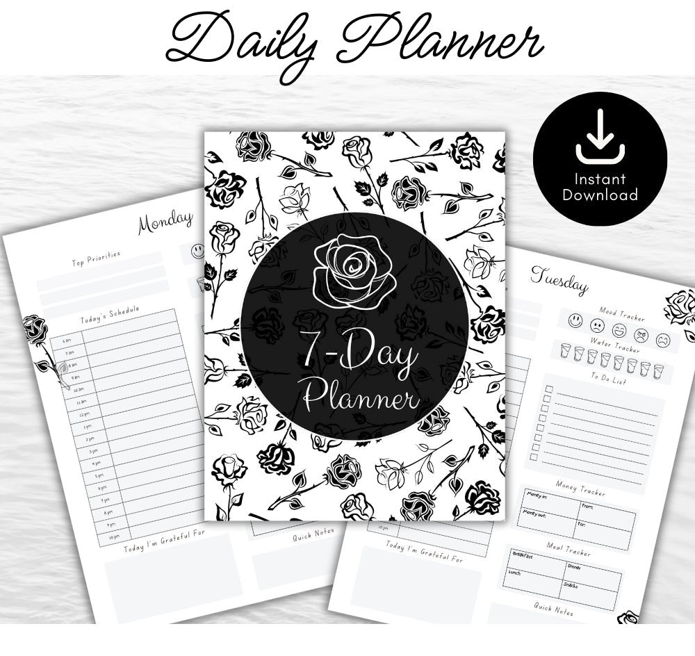 PLR Black & White 7 Day Planner Pack | Editable Weekly Templates
