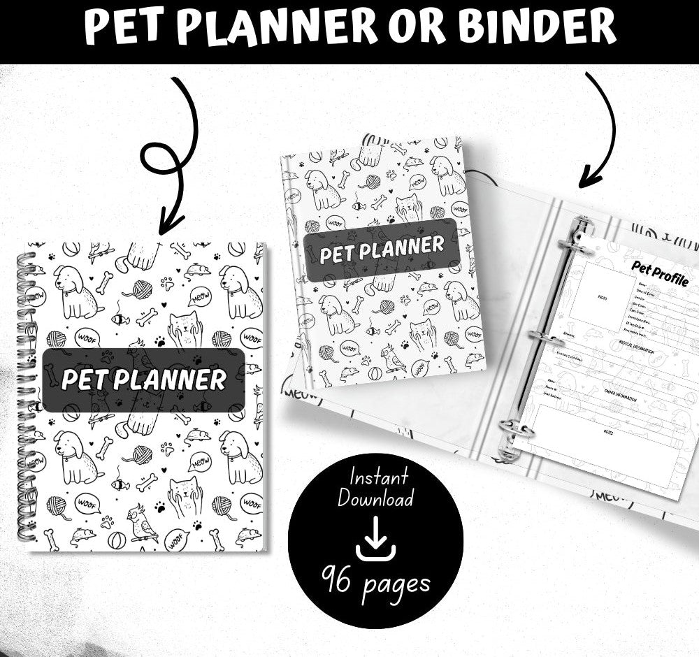 PLR Black & White Pet Planner | Editable Pet Care Organizer Templates