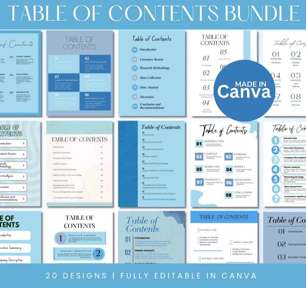 Blue Table of Content Pages Canva Templates