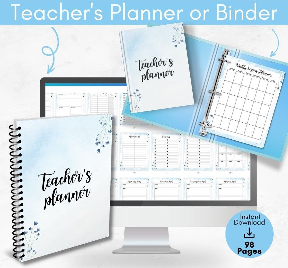 Blue Teacher Planner | Organize Lessons Schedules & Classroom Goals