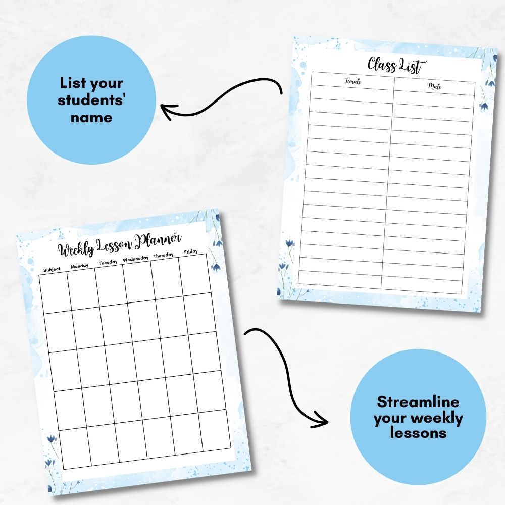 Blue Teacher Planner | Organize Lessons Schedules & Classroom Goals