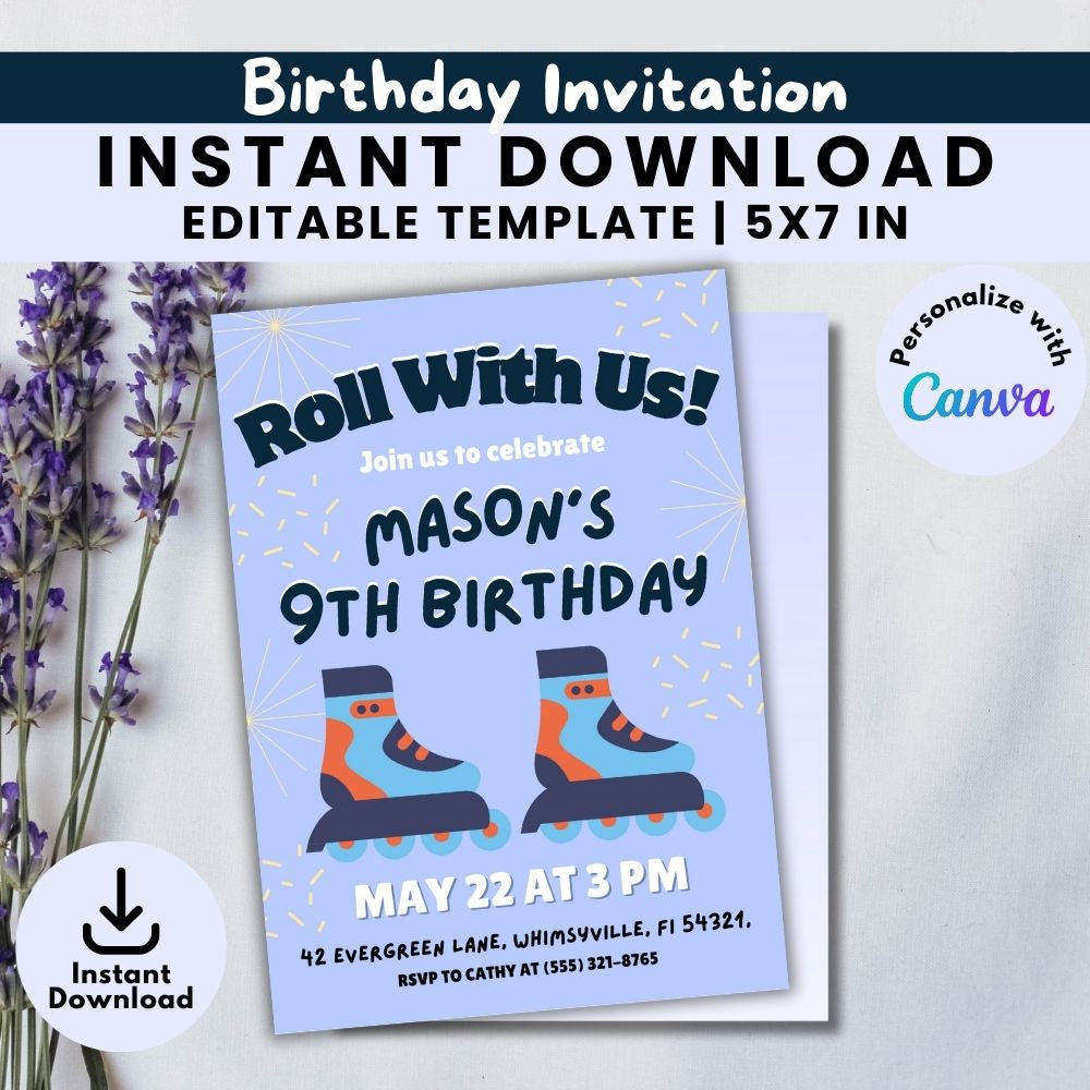Blue Roller Skating Birthday Invitation Template