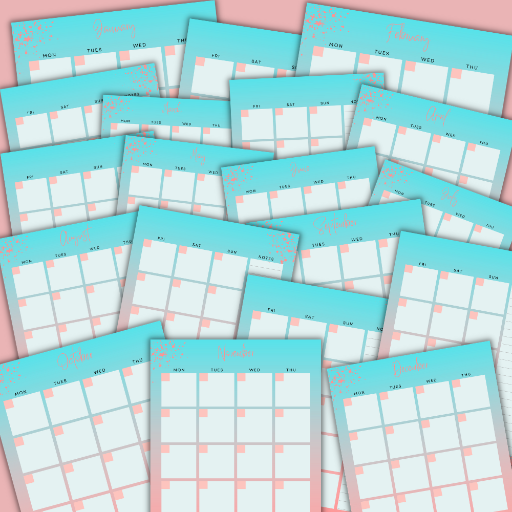 PLR 2-Page Undated Calendar (Aqua/Pink) | Calendars for planning and organization | My Store