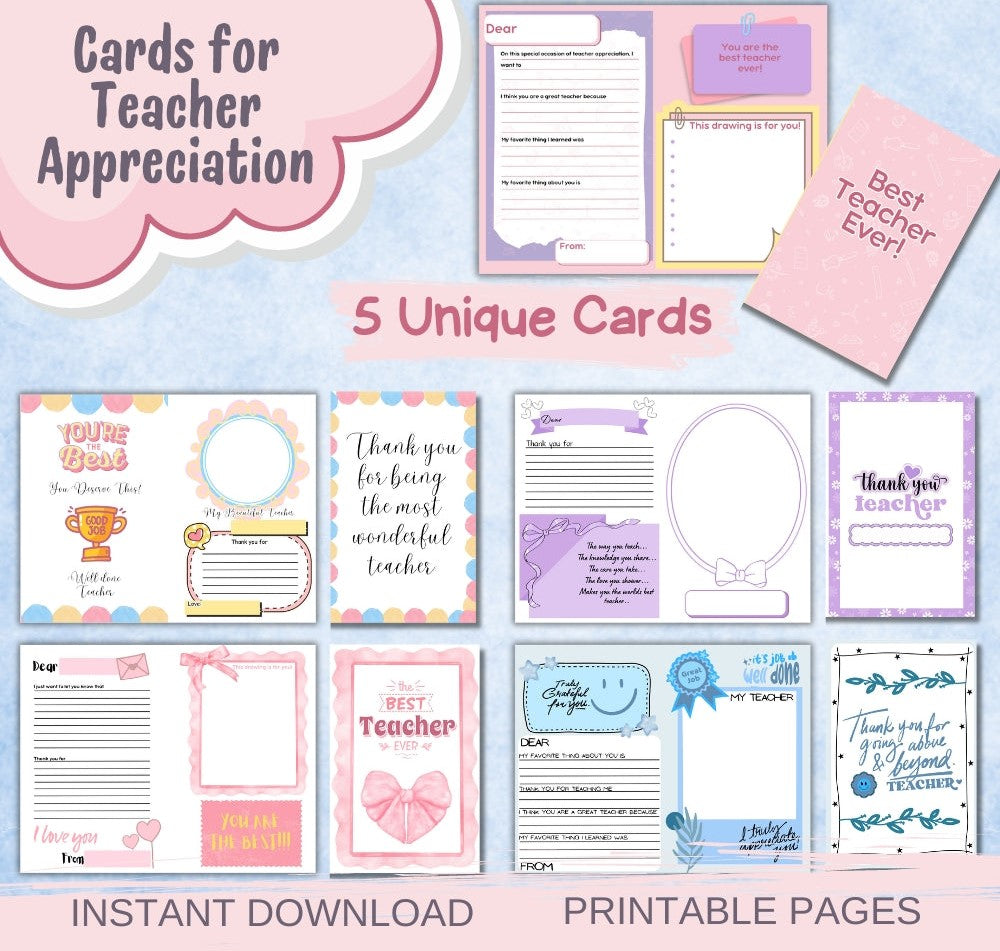 Teacher Appreciation Cards – Printable Pack
